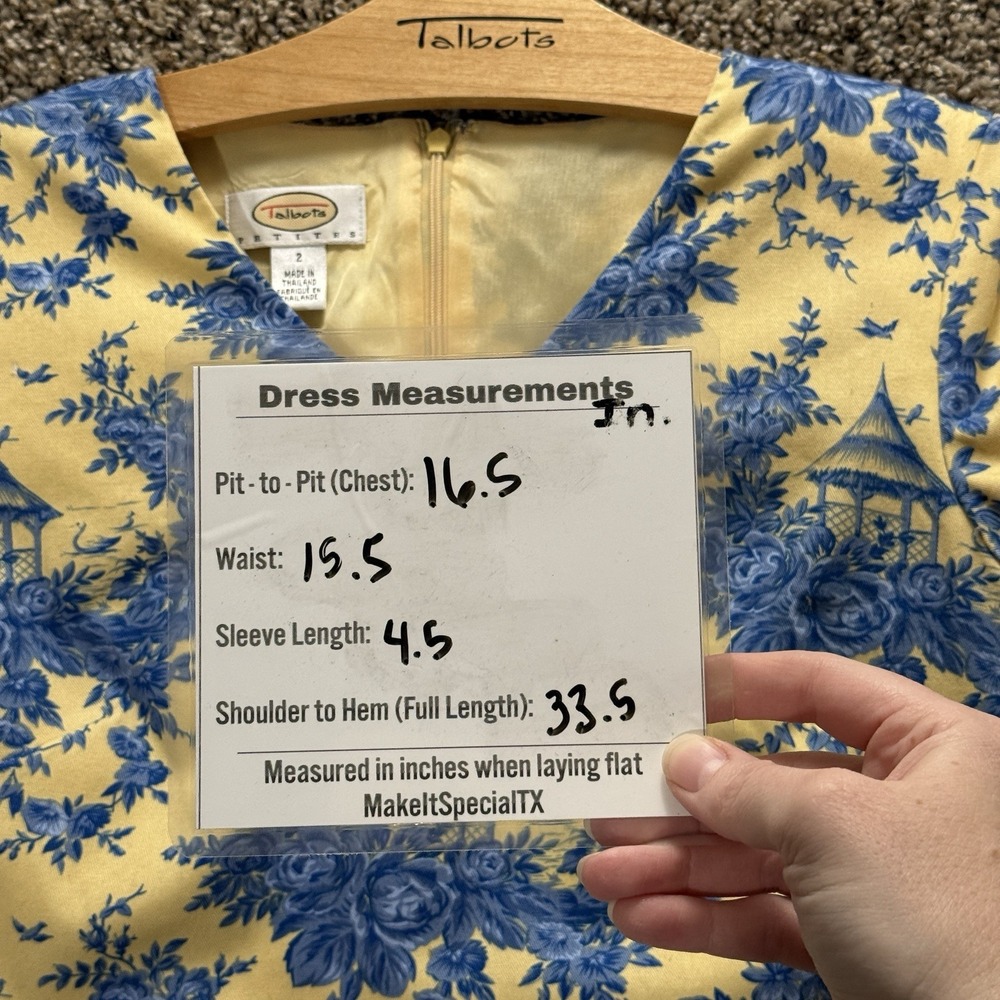 Talbots Petites Size 2 Yellow Blue Toile‎ Print Shift Dress Cotton V-Neck Floral - Picture 6 of 12